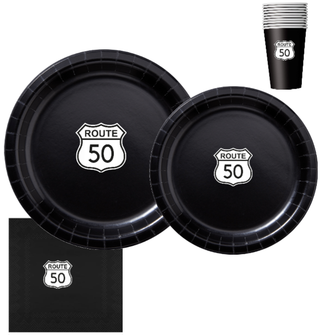 Route 50 Paper Party Plates Set | 50th Birthday Party Decor |Vintage Road Theme | Complete 60pc Party Bundle