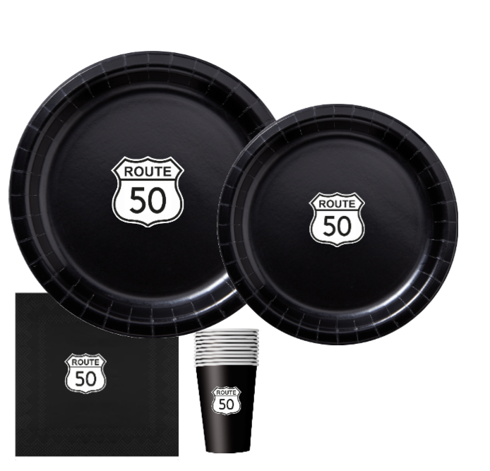 Route 50 Paper Party Plates Set | 50th Birthday Party Decor |Vintage Road Theme | Complete 60pc Party Bundle