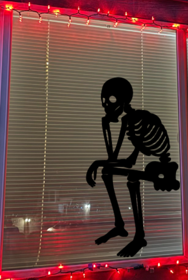 Spooky Sitting Skeleton | Halloween Window Cling | Large Silhouette Decal | Static Window Decor | Indoor Halloween Display