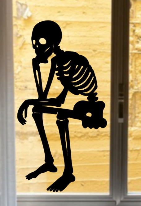 Spooky Sitting Skeleton | Halloween Window Cling | Large Silhouette Decal | Static Window Decor | Indoor Halloween Display