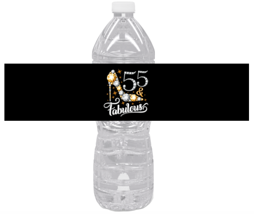 55 And Fabulous Birthday Water Bottle Labels | Set Of 12 | Milestone Party Favors |Elegant Drink Wraps