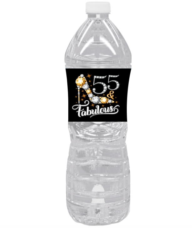 55 And Fabulous Birthday Water Bottle Labels | Set Of 12 | Milestone Party Favors |Elegant Drink Wraps
