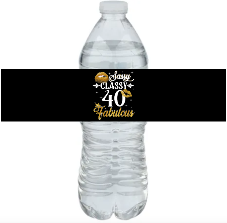 Sassy Classy 40th Birthday Water Bottle Labels | Set Of 12 | Milestone Favors | Drink Wraps Stylish