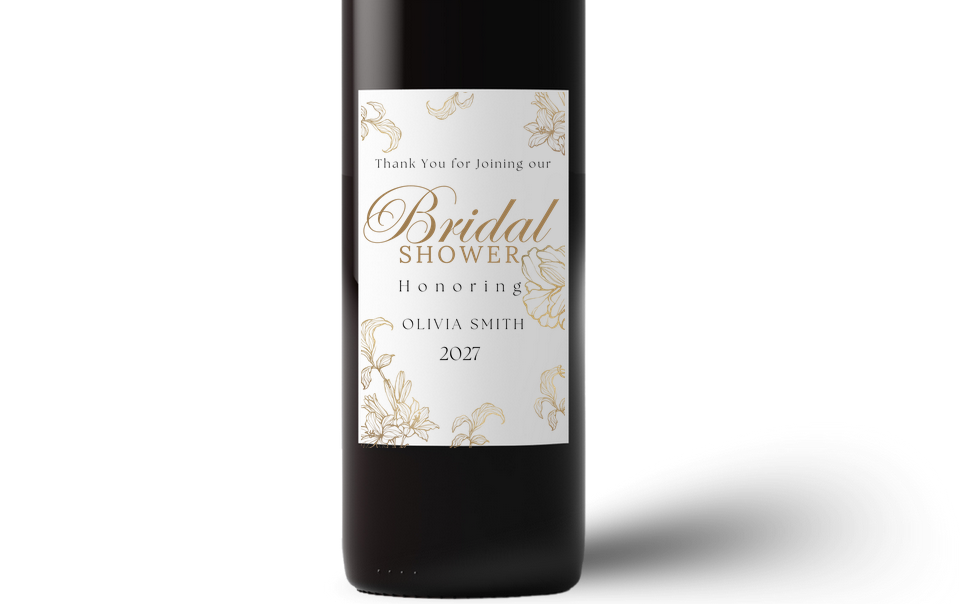 Personalized Bridal Shower Wine Labels | Glossy| White and Gold Floral Design | Custom Name and Year