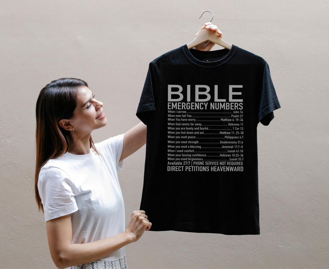 Bible Emergency Numbers Heat Transfer Iron On Vinyl decal | 11.5x13 Faith Decal | Scripture Apparel |Direct Petitions Heavenwards