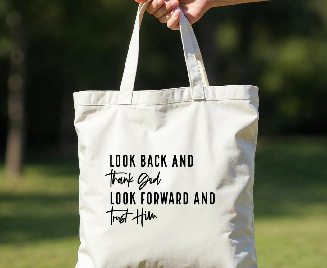 Look Back Thank God Vinyl | Faith-Based Iron-On Decal | Custom Hoodie Shirt Graphic | Durable Heat Transfer Design |  7.8in x 5in