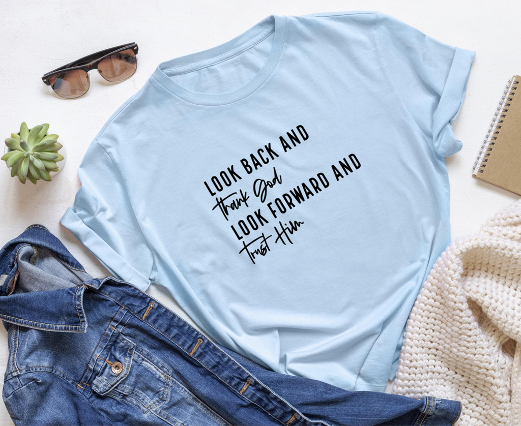 Look Back Thank God Vinyl | Faith-Based Iron-On Decal | Custom Hoodie Shirt Graphic | Durable Heat Transfer Design |  7.8in x 5in