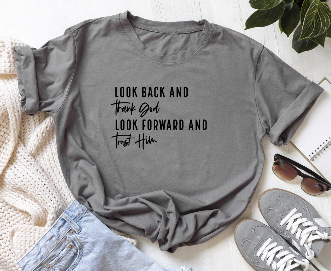 Look Back Thank God Vinyl | Faith-Based Iron-On Decal | Custom Hoodie Shirt Graphic | Durable Heat Transfer Design |  7.8in x 5in