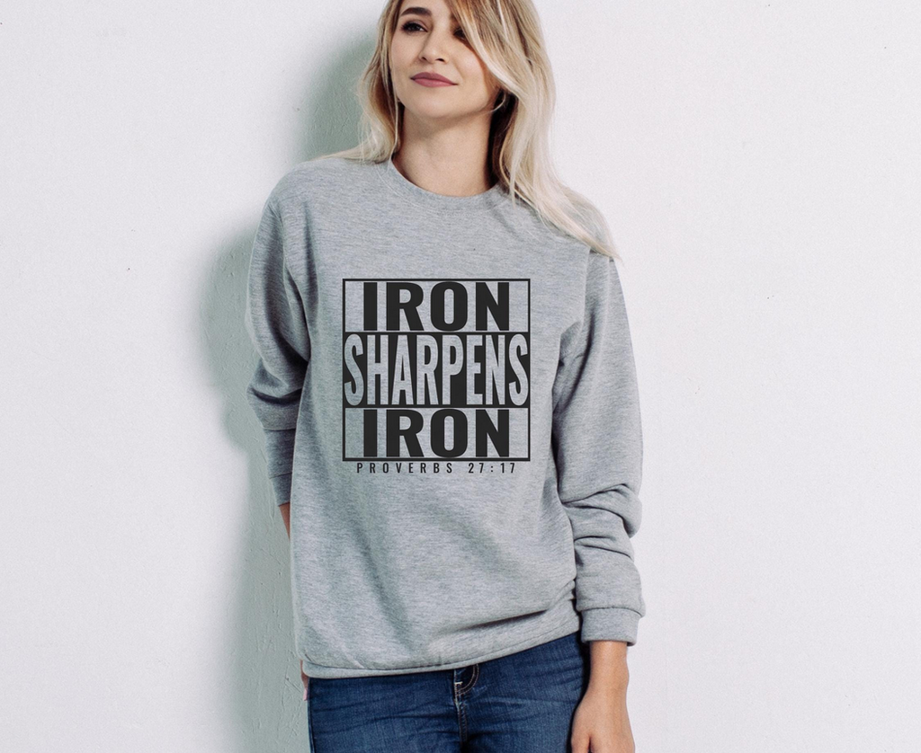 Iron Sharpens Iron Proverbs 27:17 Custom Iron On Vinyl Decal | Faith Based Heat Transfer Decal| Large|Black
