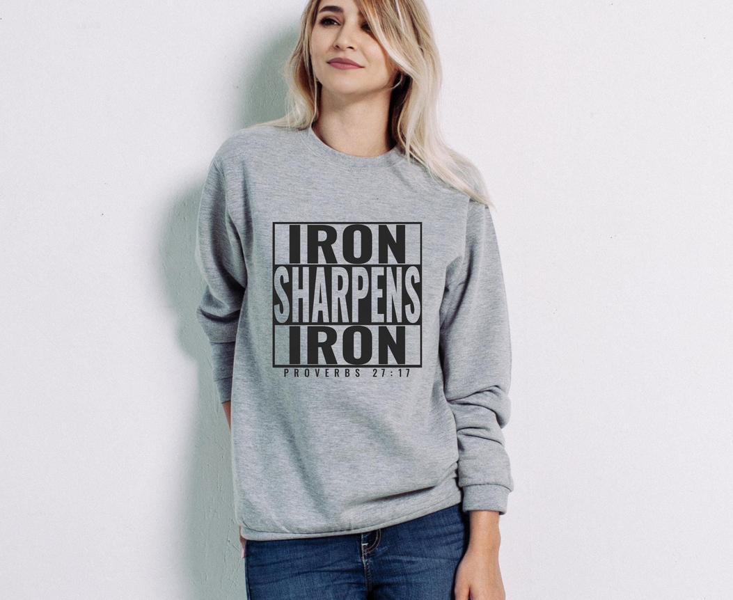 Iron Sharpens Iron Proverbs 27:17 Custom Iron On Vinyl Decal | Faith Based Heat Transfer Decal| Large|Black