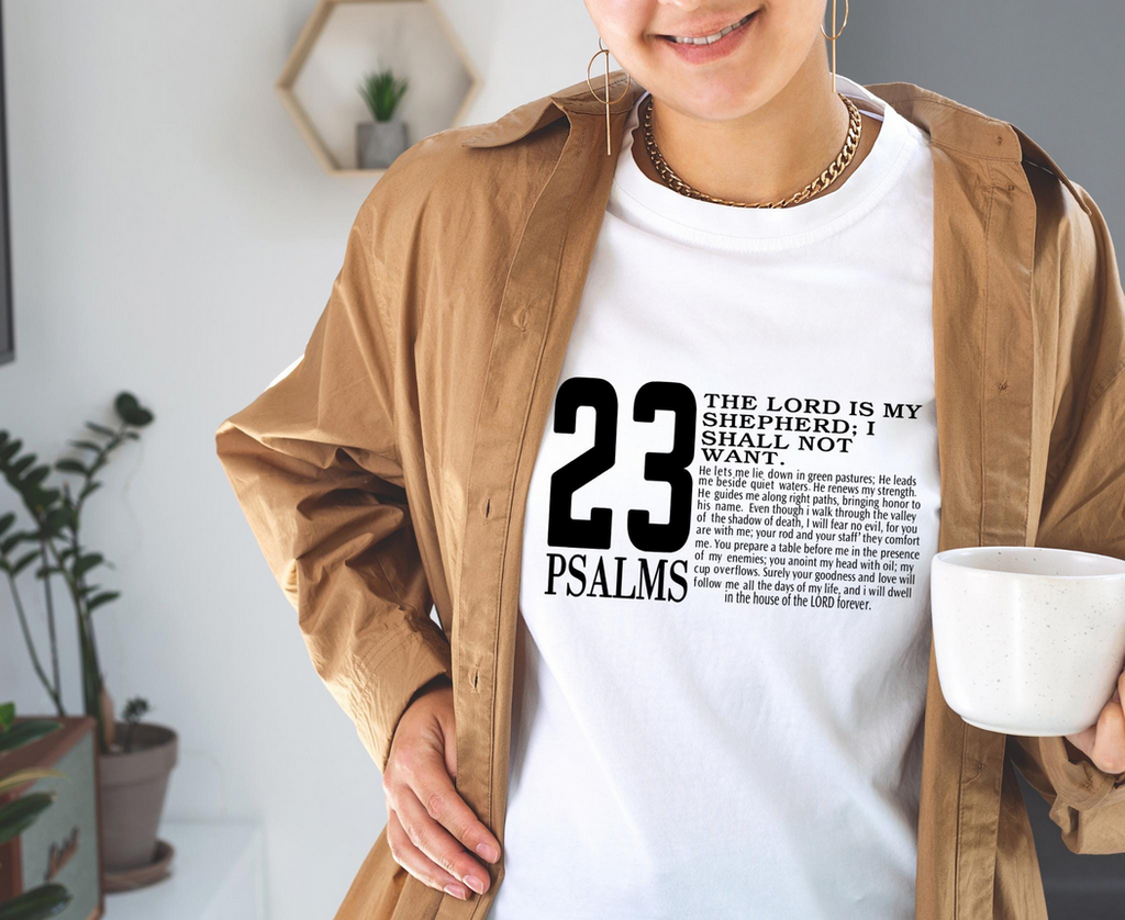 Psalm 23 Bible Verse Iron On Vinyl Decal | 17x10 Heat Transfer Decal | Faith Based Apparel | Heat Press Ready