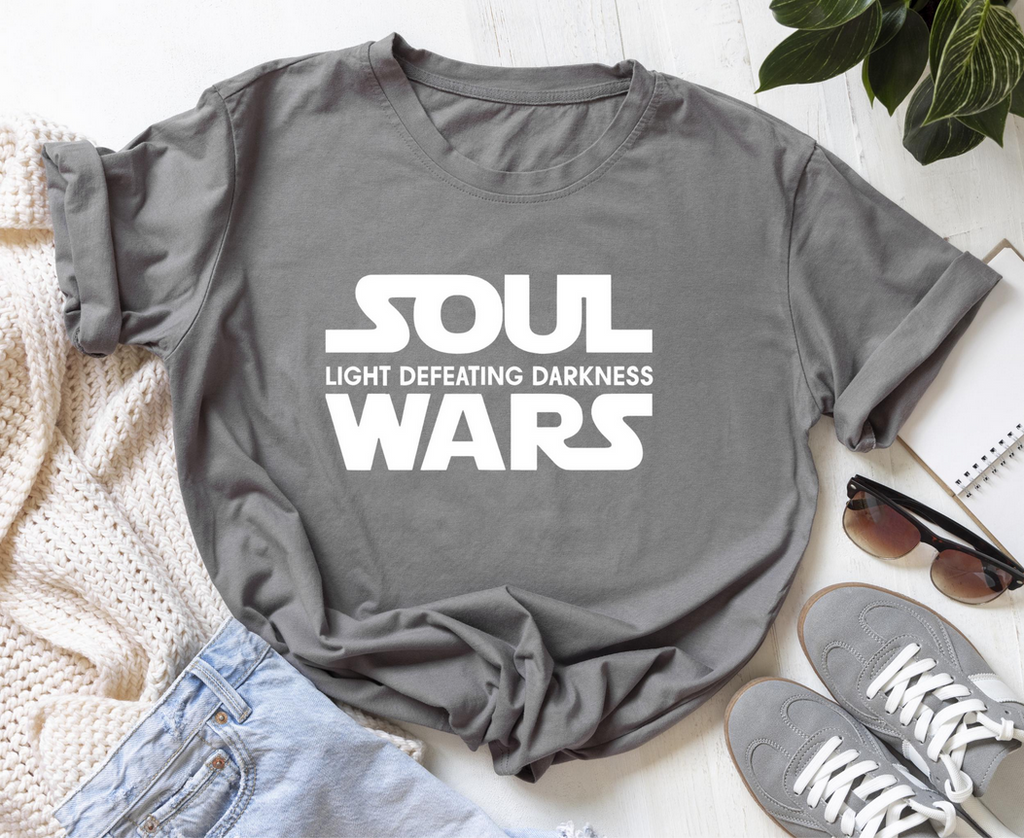 Soul Wars Iron On Vinyl Decal | Light Defeats Darkness HTV Design | Faith Inspired Iron Vinyl for Shirts