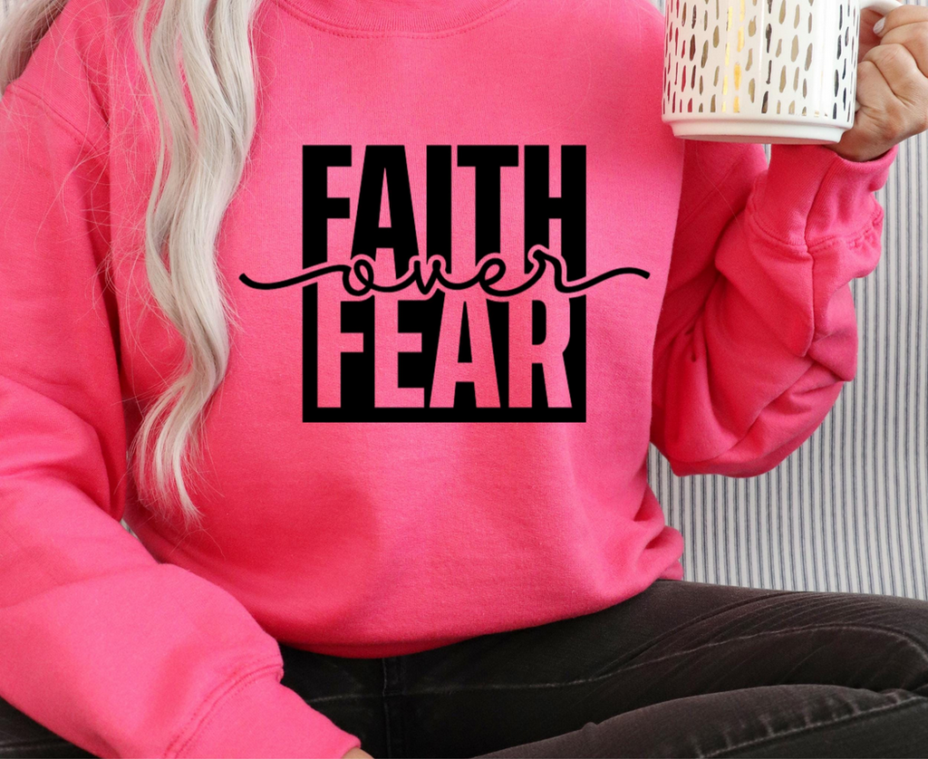 Faith Over Fear Iron Decal | Custom Fabric Vinyl Sticker | T-Shirt Hoodie Sweater Design | Durable Heat Transfer Graphic | 14in x 9in