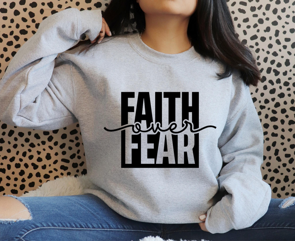 Faith Over Fear Iron Decal | Custom Fabric Vinyl Sticker | T-Shirt Hoodie Sweater Design | Durable Heat Transfer Graphic | 14in x 9in