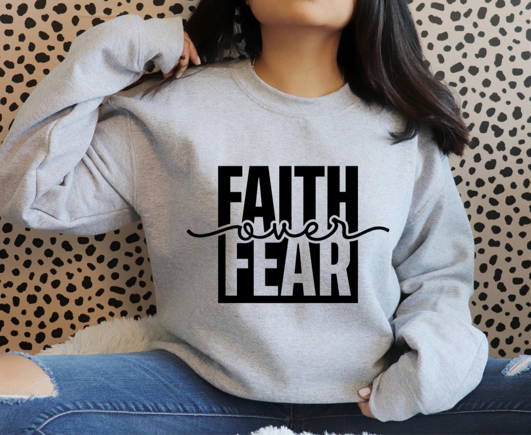 Faith Over Fear Iron Decal | Custom Fabric Vinyl Sticker | T-Shirt Hoodie Sweater Design | Durable Heat Transfer Graphic | 14in x 9in