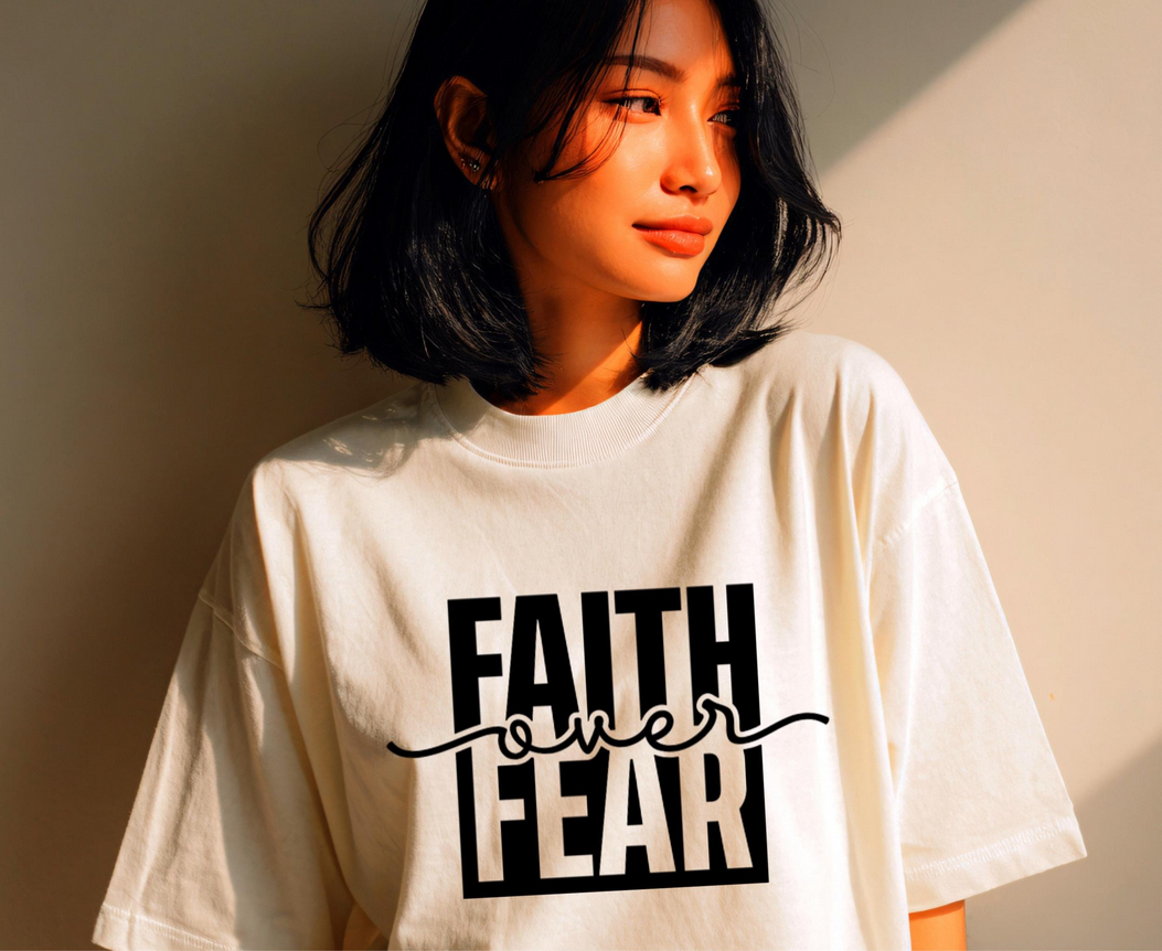 Faith Over Fear Iron Decal | Custom Fabric Vinyl Sticker | T-Shirt Hoodie Sweater Design | Durable Heat Transfer Graphic | 14in x 9in
