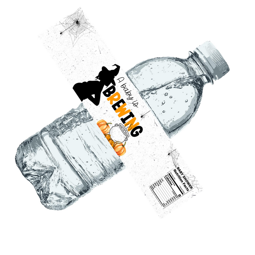 A Baby Is Brewing Water Bottle Labels | Halloween Baby Shower Favors | Pumpkin Witch Cauldron Theme | 12| Glossy