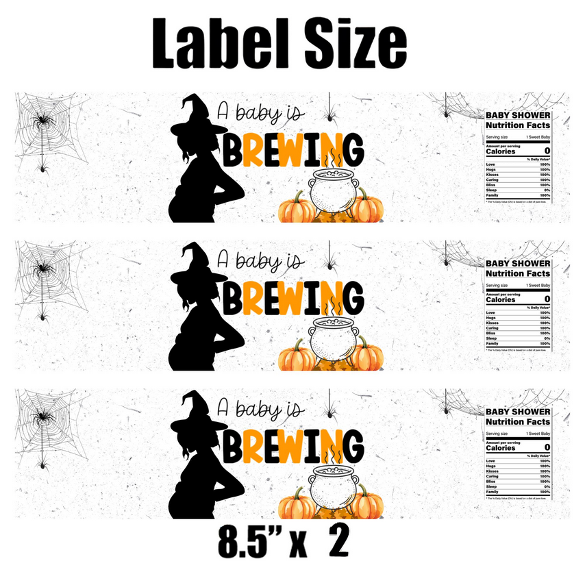 A Baby Is Brewing Water Bottle Labels | Halloween Baby Shower Favors | Pumpkin Witch Cauldron Theme | 12| Glossy
