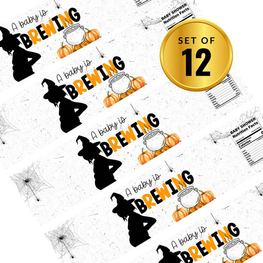 A Baby Is Brewing Water Bottle Labels | Halloween Baby Shower Favors | Pumpkin Witch Cauldron Theme | 12| Glossy
