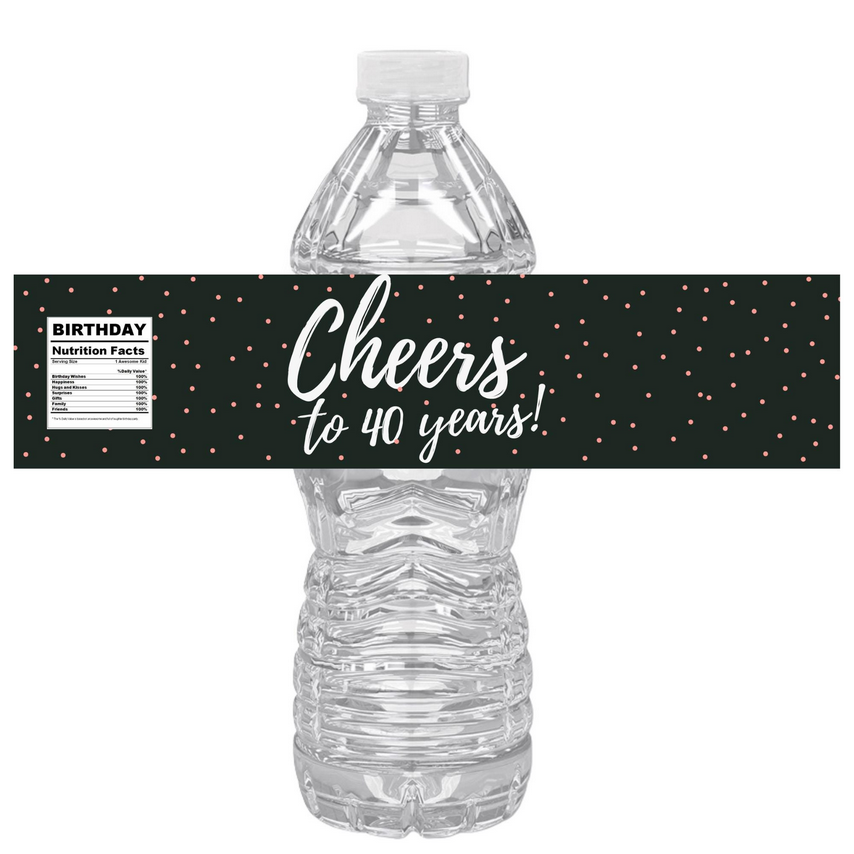 Cheers To 40 Years Water Bottle Labels | 40th Birthday Polka Dot Favors | Fun Birthday Nutrition Facts Design | 12 | Glossy