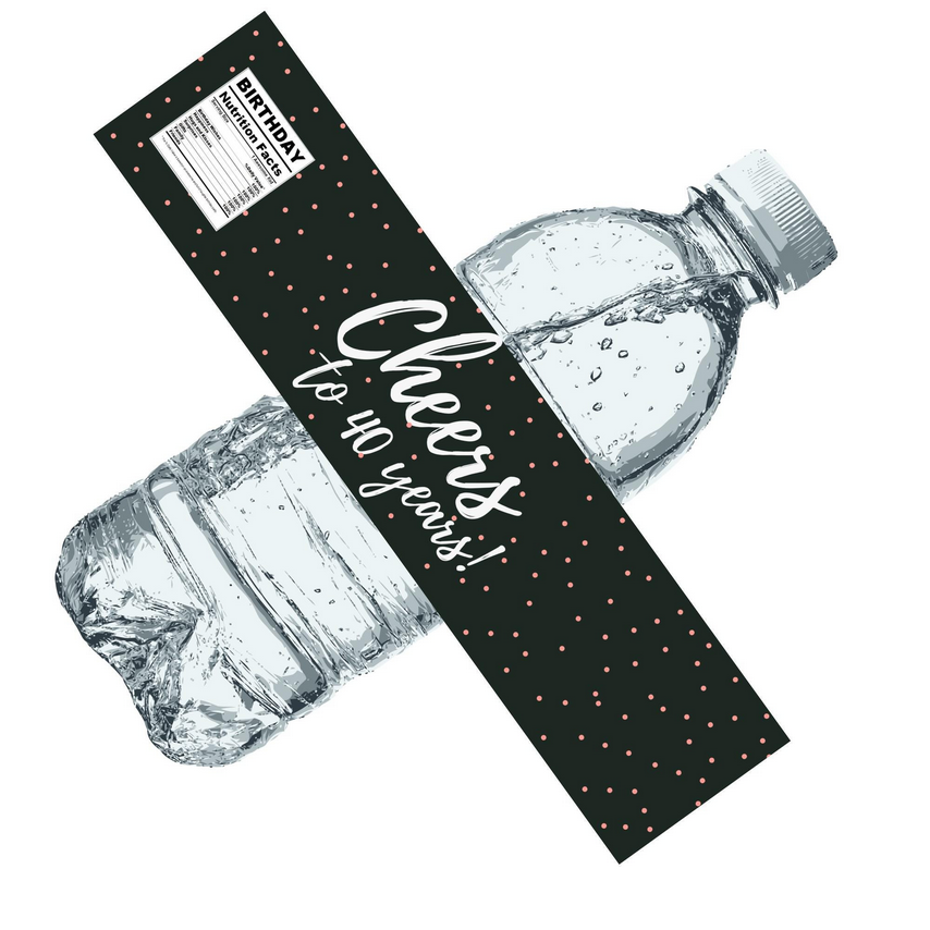 Cheers To 40 Years Water Bottle Labels | 40th Birthday Polka Dot Favors | Fun Birthday Nutrition Facts Design | 12 | Glossy