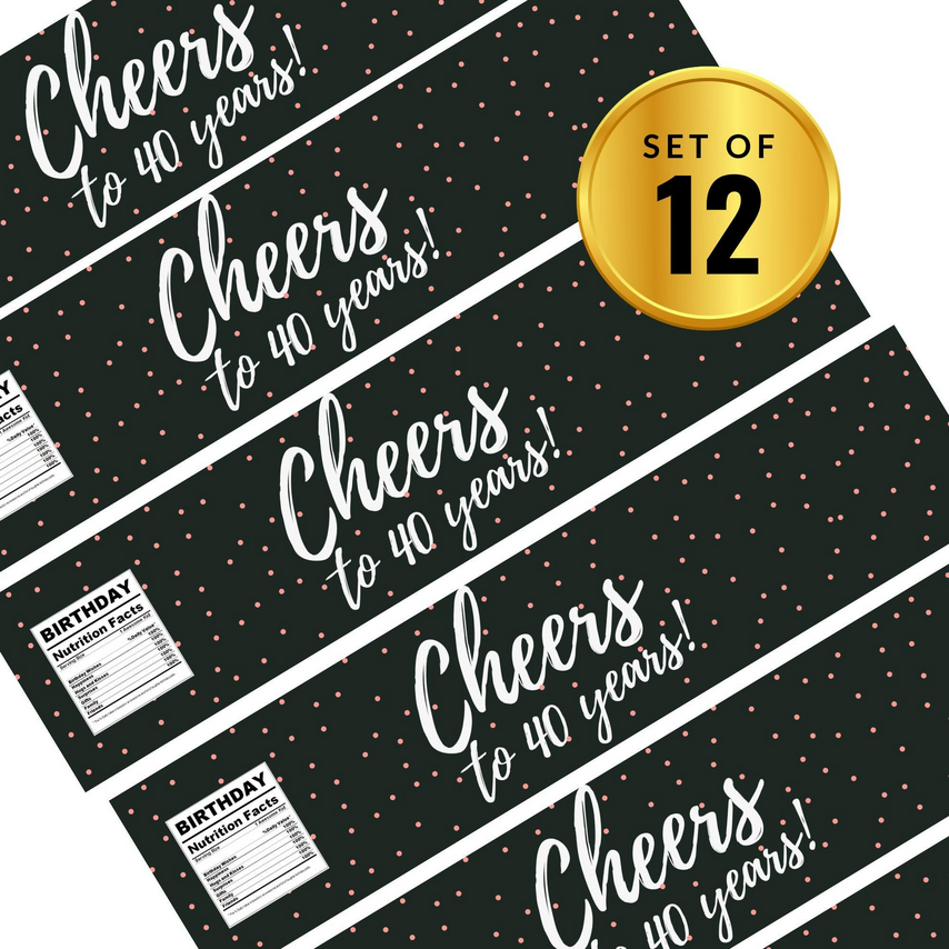 Cheers To 40 Years Water Bottle Labels | 40th Birthday Polka Dot Favors | Fun Birthday Nutrition Facts Design | 12 | Glossy