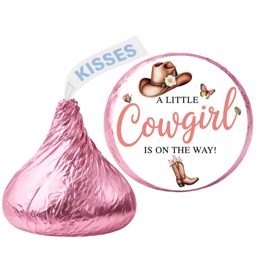 Cowgirl Baby Shower Kiss Candy Stickers | A Little Cowgirl Is On The Way Phrase | Cowgirl Hat And Boot Design | 100| Glossy