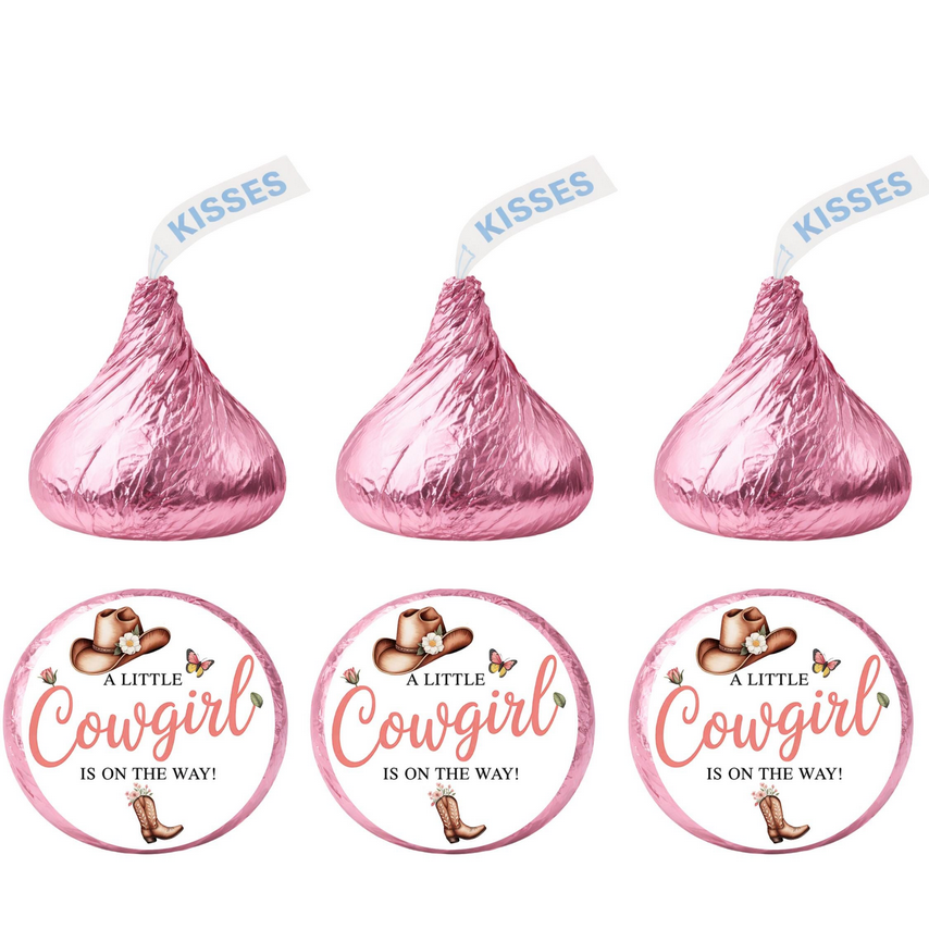 Cowgirl Baby Shower Kiss Candy Stickers | A Little Cowgirl Is On The Way Phrase | Cowgirl Hat And Boot Design | 100| Glossy