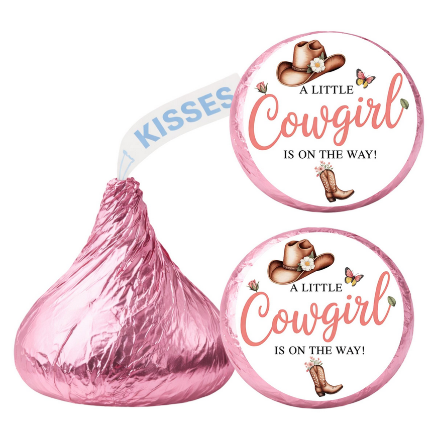 Cowgirl Baby Shower Kiss Candy Stickers | A Little Cowgirl Is On The Way Phrase | Cowgirl Hat And Boot Design | 100| Glossy