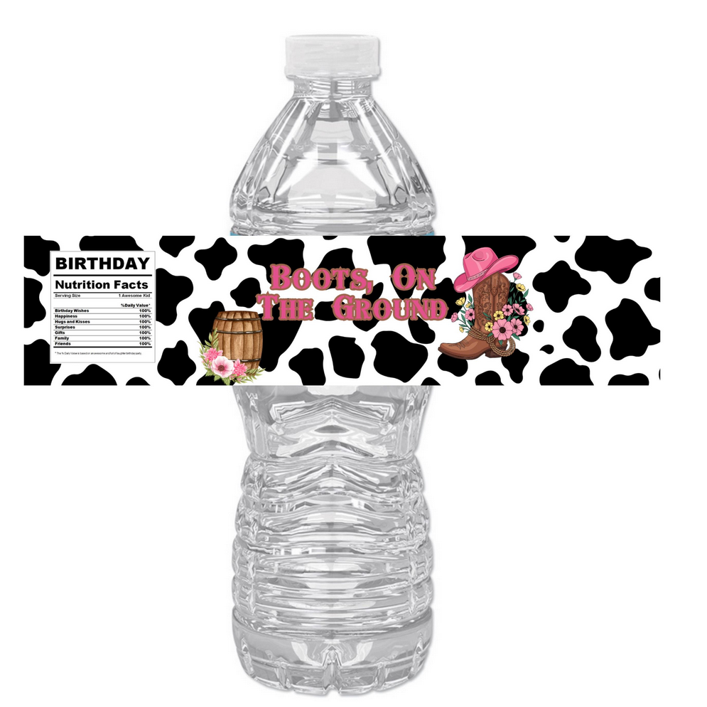 Boots On The Ground water bottle Labels | Cowgirl Birthday Theme| Cow Print and Western Boots Design | 12pcs|Glossy