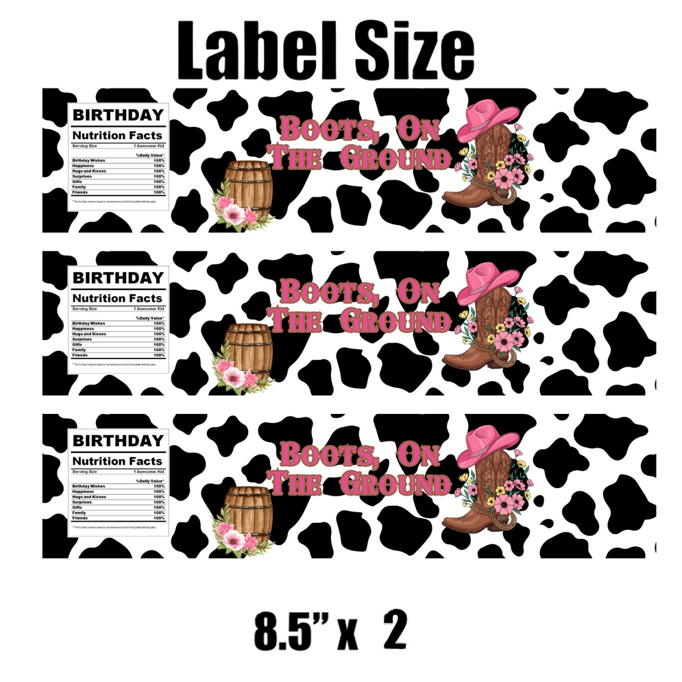 Boots On The Ground water bottle Labels | Cowgirl Birthday Theme| Cow Print and Western Boots Design | 12pcs|Glossy