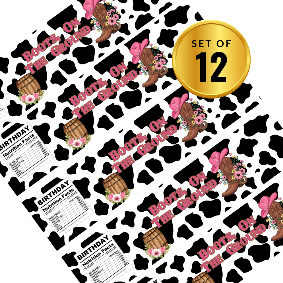 Boots On The Ground water bottle Labels | Cowgirl Birthday Theme| Cow Print and Western Boots Design | 12pcs|Glossy