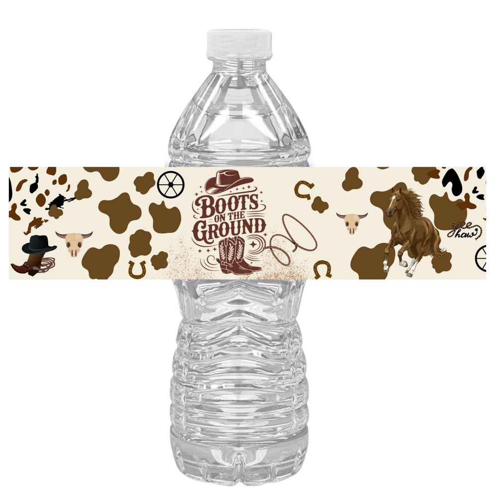 Cowboy Party Water Bottle Labels | Boots On The Ground Theme | Cow Print Boots and Horses Design | Set of 12 Glossy