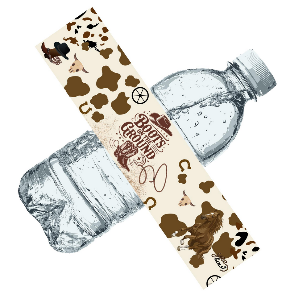 Cowboy Party Water Bottle Labels | Boots On The Ground Theme | Cow Print Boots and Horses Design | Set of 12 Glossy