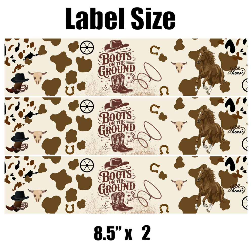 Cowboy Party Water Bottle Labels | Boots On The Ground Theme | Cow Print Boots and Horses Design | Set of 12 Glossy