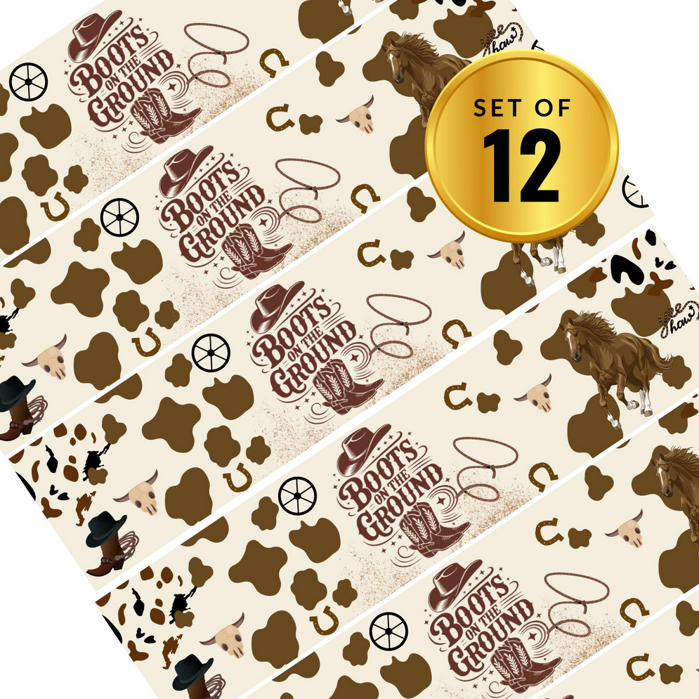 Cowboy Party Water Bottle Labels | Boots On The Ground Theme | Cow Print Boots and Horses Design | Set of 12 Glossy