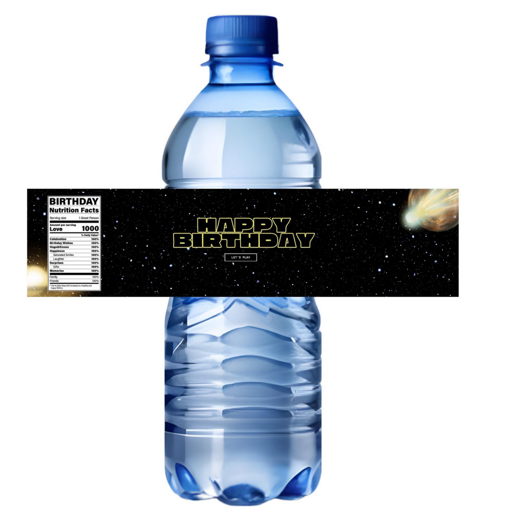 Space Theme Birthday Water Bottle Labels | Galaxy Party Decorations | Happy Birthday Bottle Wraps