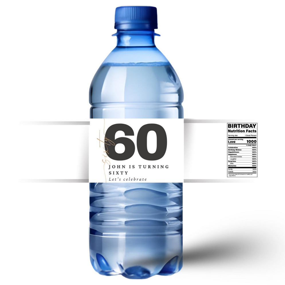 Personalized 60th Birthday Water Bottle Labels | Customer Name is Turning 60 | Glossy Party Decor | Peel and Stick