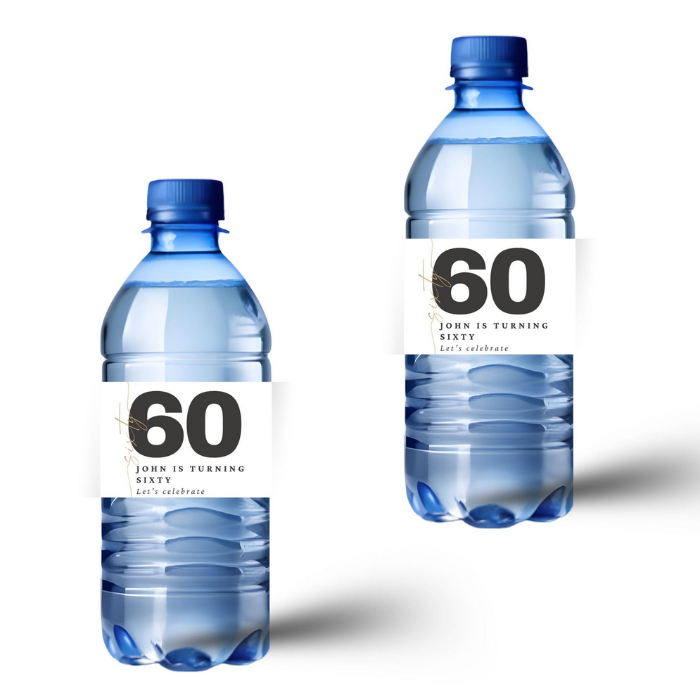 Personalized 60th Birthday Water Bottle Labels | Customer Name is Turning 60 | Glossy Party Decor | Peel and Stick