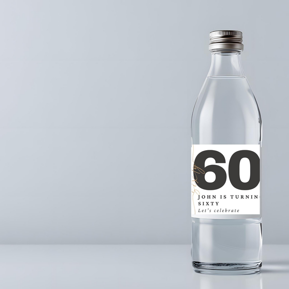 Personalized 60th Birthday Water Bottle Labels | Customer Name is Turning 60 | Glossy Party Decor | Peel and Stick