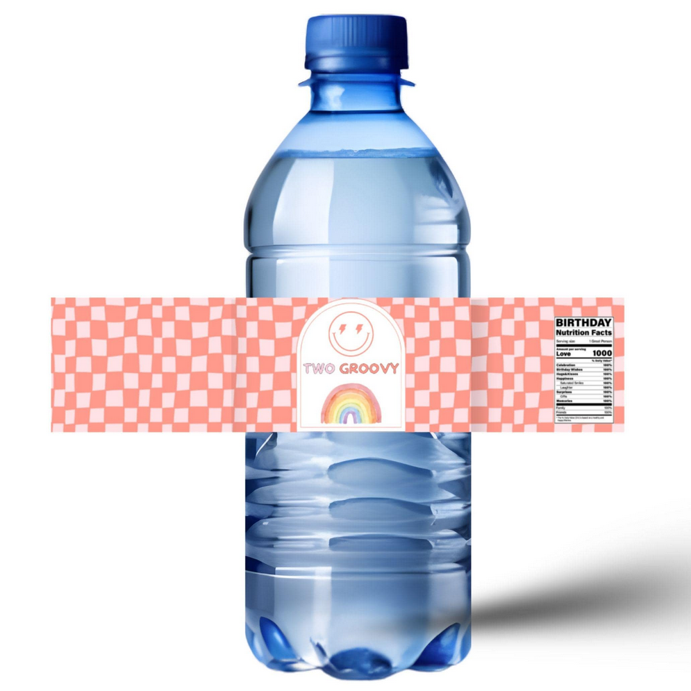 Groovy 2nd Birthday Water Bottle Labels | Two Groovy Smiley Face Theme | Glossy Party Decor | Peel and Stick|12
