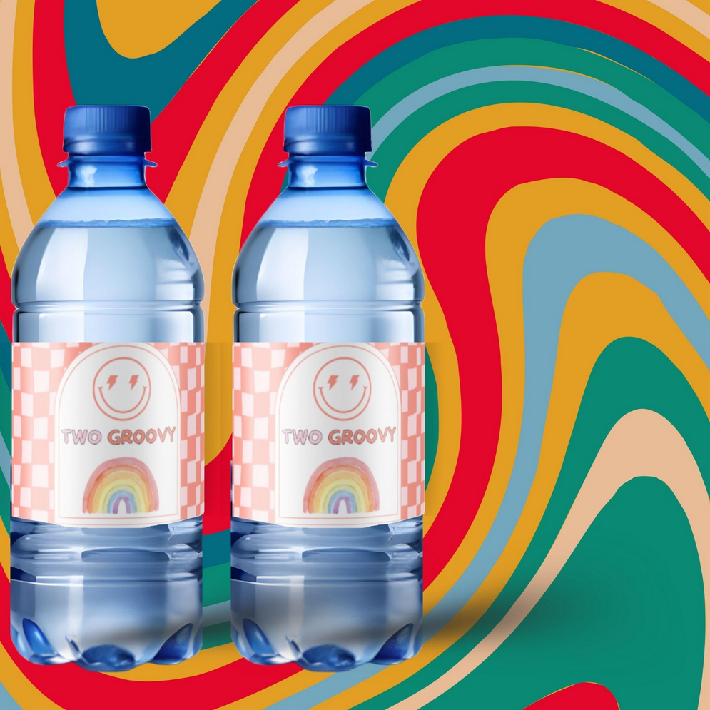 Groovy 2nd Birthday Water Bottle Labels | Two Groovy Smiley Face Theme | Glossy Party Decor | Peel and Stick|12