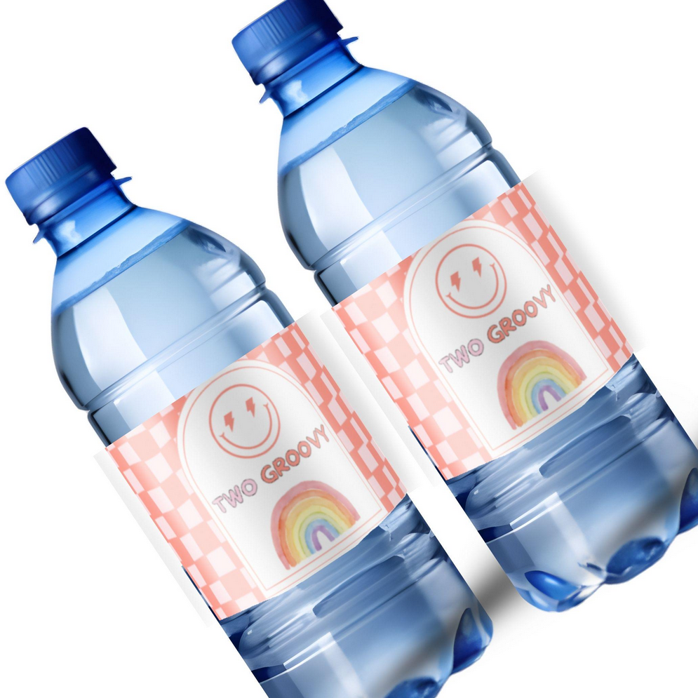 Groovy 2nd Birthday Water Bottle Labels | Two Groovy Smiley Face Theme | Glossy Party Decor | Peel and Stick|12