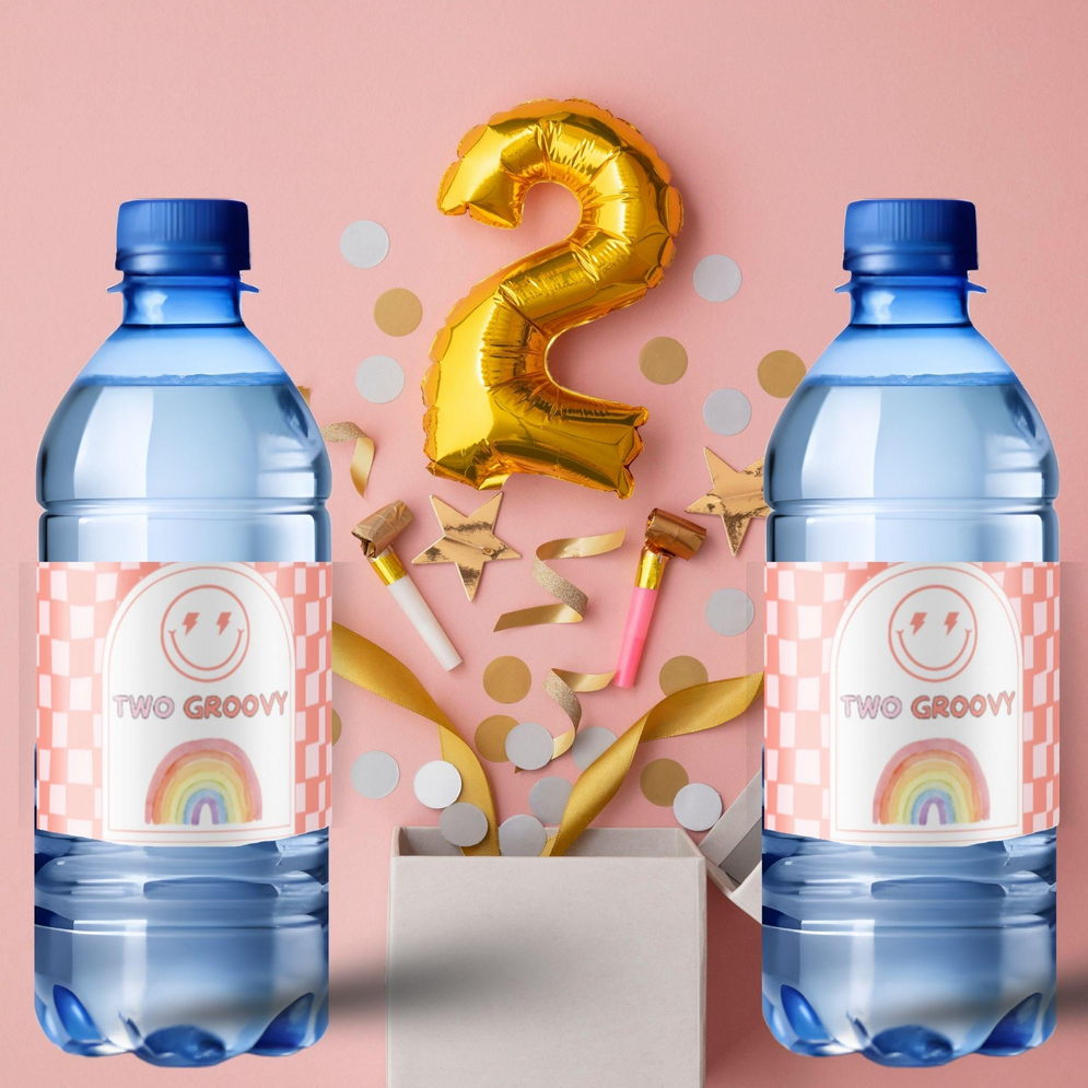 Groovy 2nd Birthday Water Bottle Labels | Two Groovy Smiley Face Theme | Glossy Party Decor | Peel and Stick|12