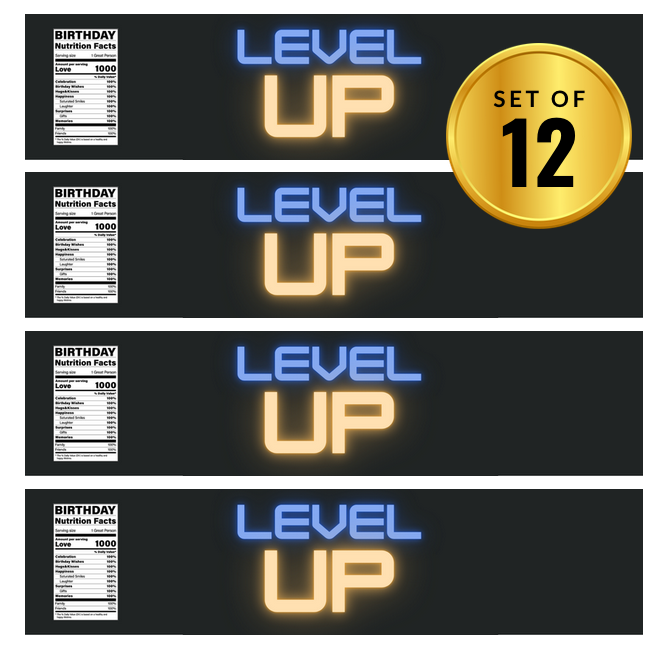 Level Up Gamer Birthday Water Bottle Labels | Set Of 12 Gaming Drink Wraps