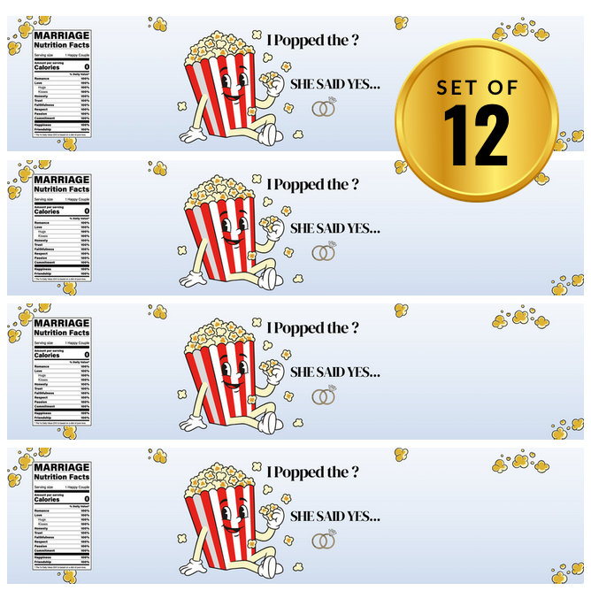 I Popped The Question She Said Yes Water Bottle Labels | Set Of 12 | Engagement Party | Popcorn Theme Decor | Drink Wraps