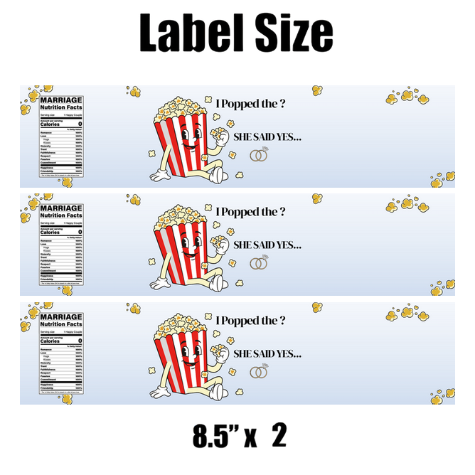 I Popped The Question She Said Yes Water Bottle Labels | Set Of 12 | Engagement Party | Popcorn Theme Decor | Drink Wraps