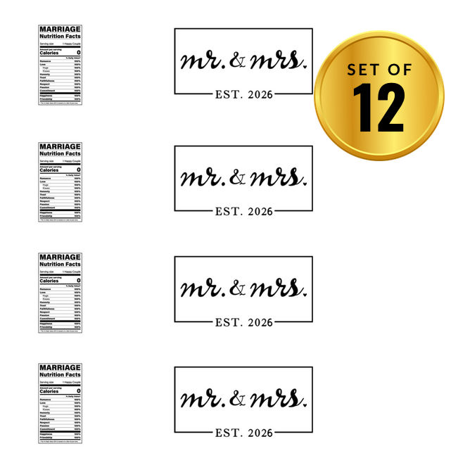 Mr And Mrs | Bridal Shower Water Bottle Labels | Set Of 12 | Est 2026 | Wedding Favors | Elegant Drink Wraps