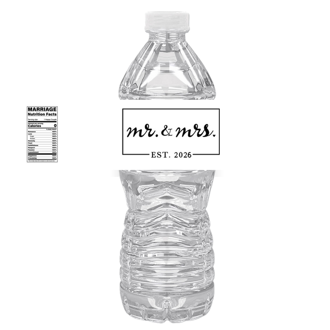 Mr And Mrs | Bridal Shower Water Bottle Labels | Set Of 12 | Est 2026 | Wedding Favors | Elegant Drink Wraps