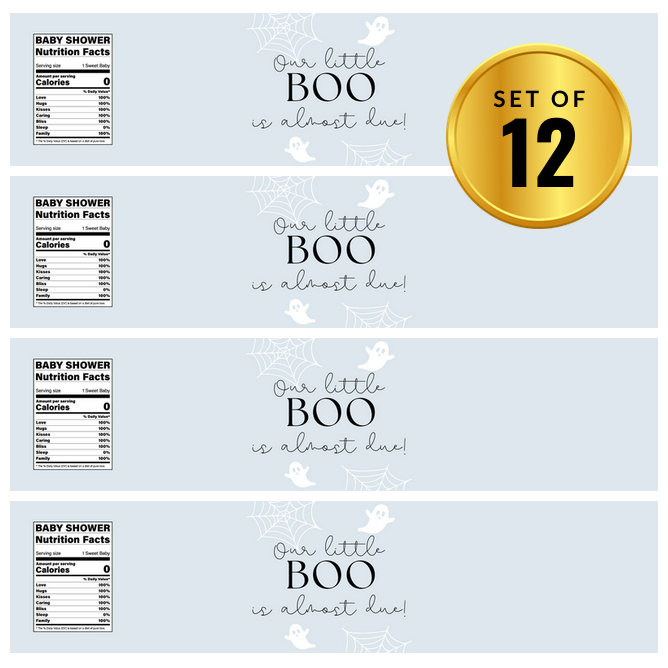 Our Little Boo Is Almost Due Water Bottle Labels | Set Of 12 | Spooky Baby Shower Favors | Ghost Theme Decor